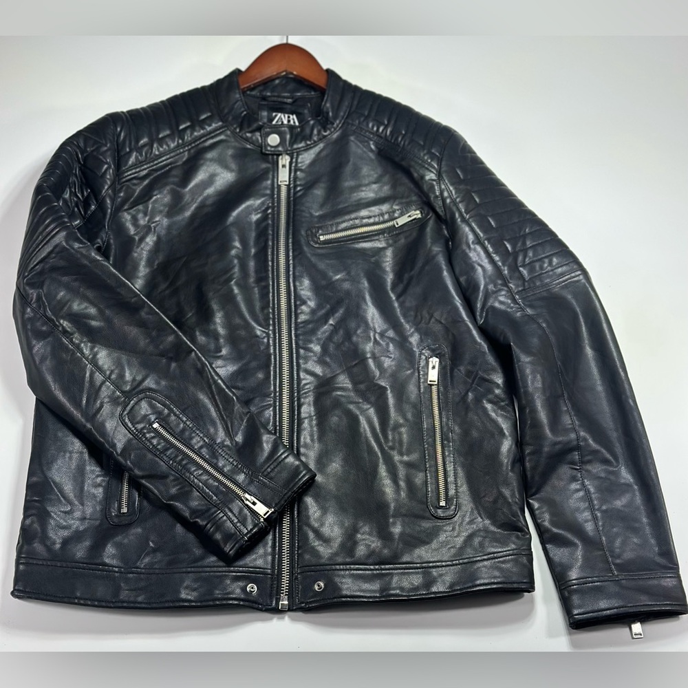 Zara Black Quilted Leather Bomber Jacket